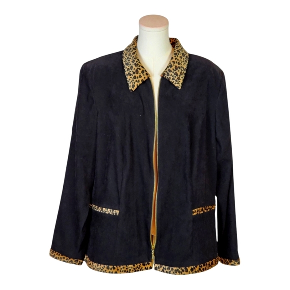 Jessica Howard Y2K Leopard Trim Black Zip Jacket Size 20W Plus Size - Picture 3 of 7
